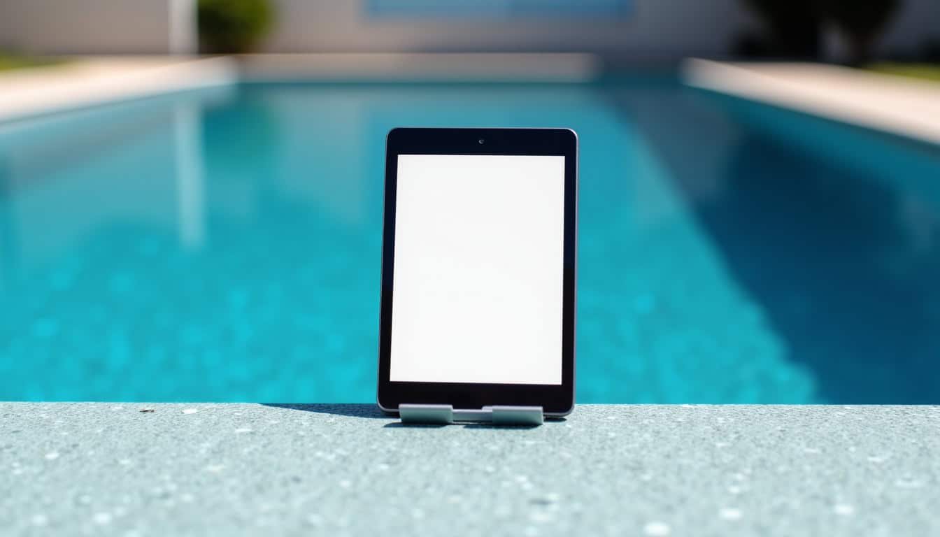 Tablette posée sur le bord de la piscine affichant des données en temps réel d’un vélo connecté