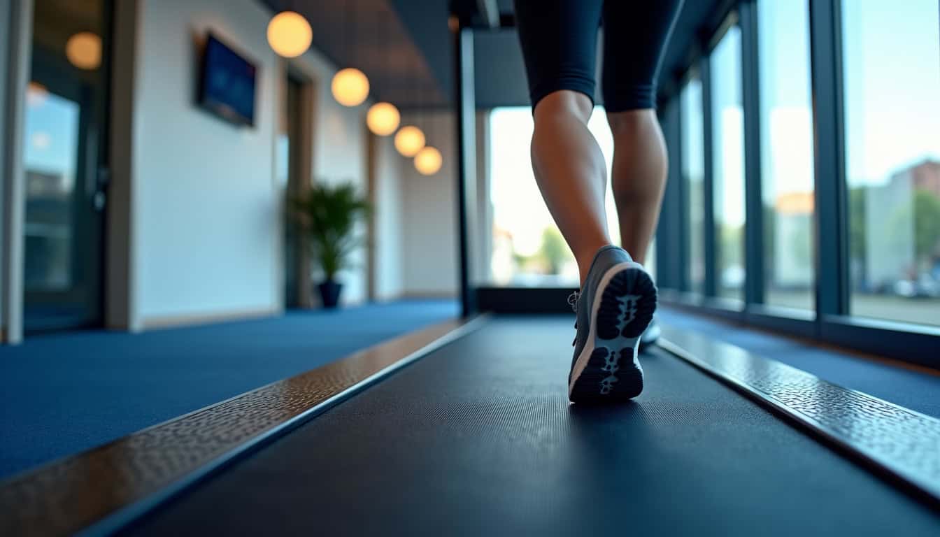 Tapis de course Citysports utilisé dans un salon avec une personne en train de marcher devant un écran