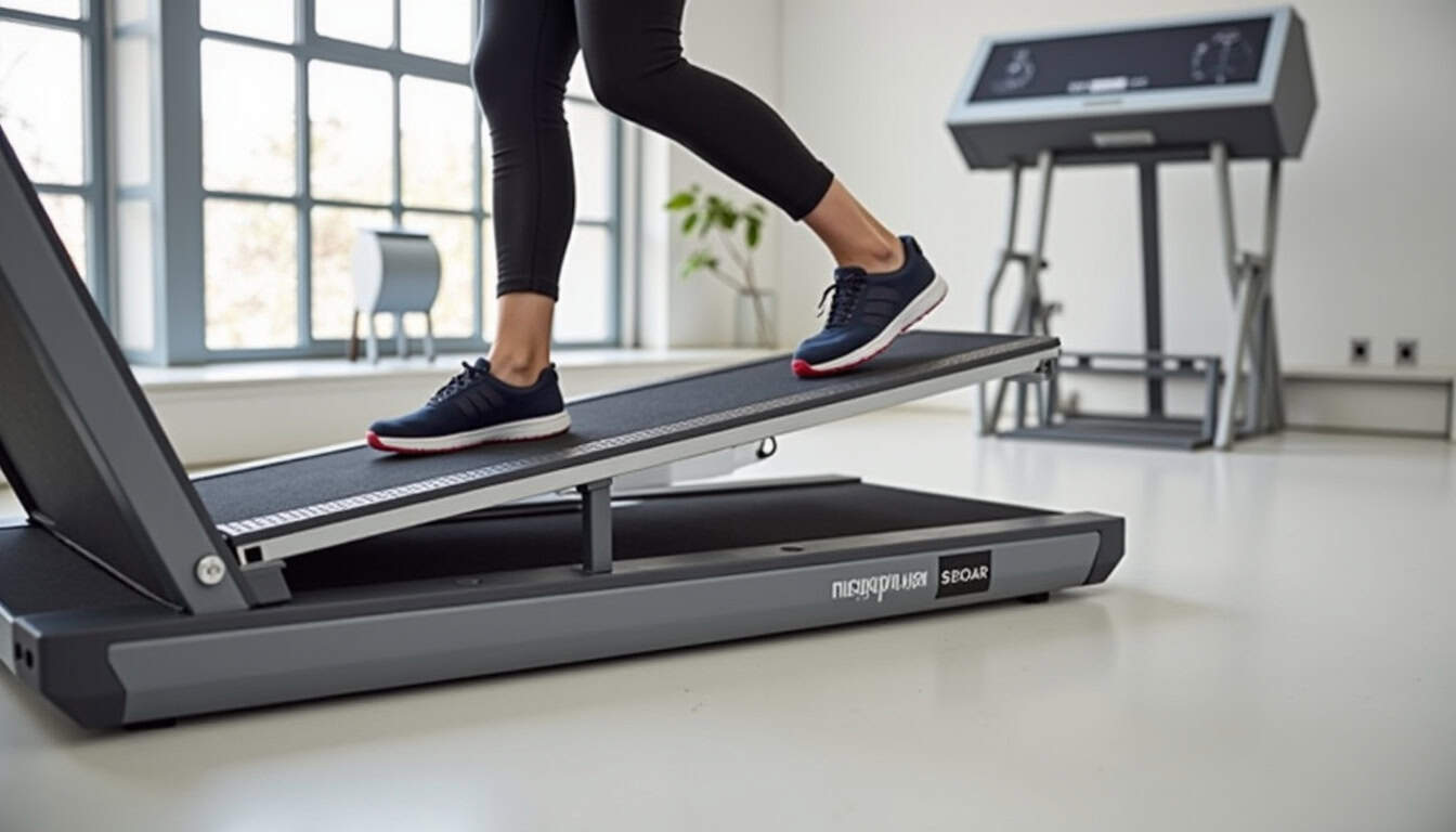 Tapis de course Citysports WP9 en cours de pliage montrant le système de rangement compact