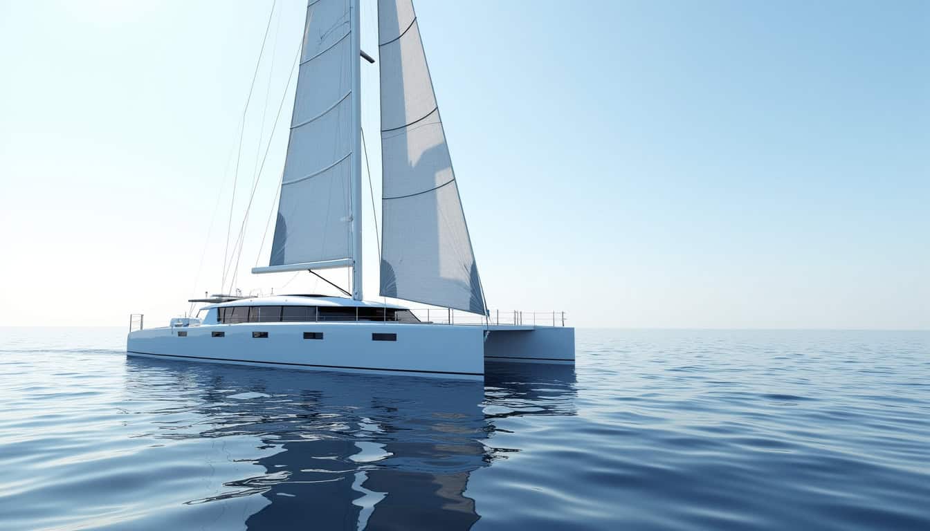 Un trimaran de type Ultim filant sous les alizés, avec des vagues régulières et un ciel dégagé