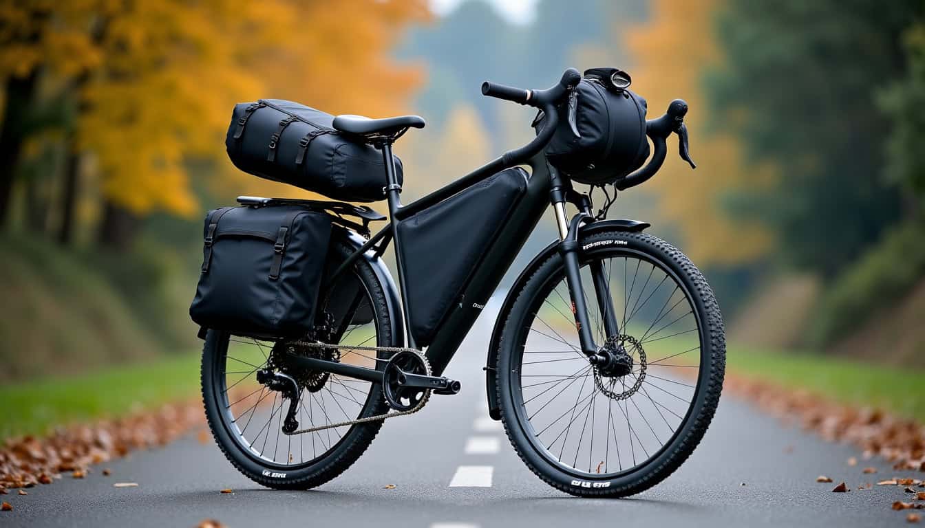 Vélo gravel équipé de sacoches, bidons, éclairage et garde-boue, prêt pour une longue aventure