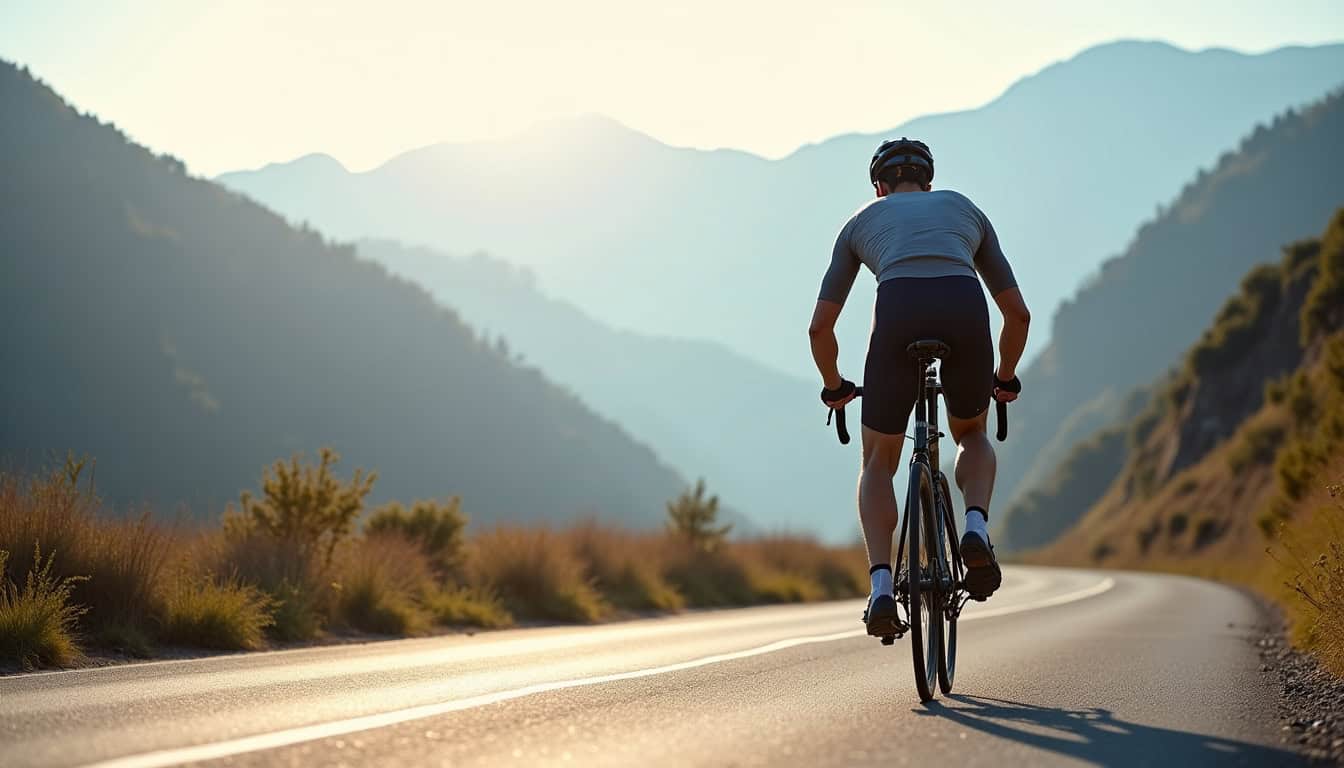 Vélo Orbea Orca 2025 sur une route de montagne en pleine lumière naturelle
