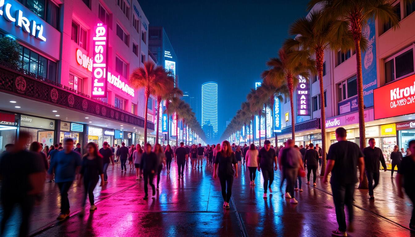 Ambiance nocturne animée à Surfers Paradise avec lumières de néon et foule