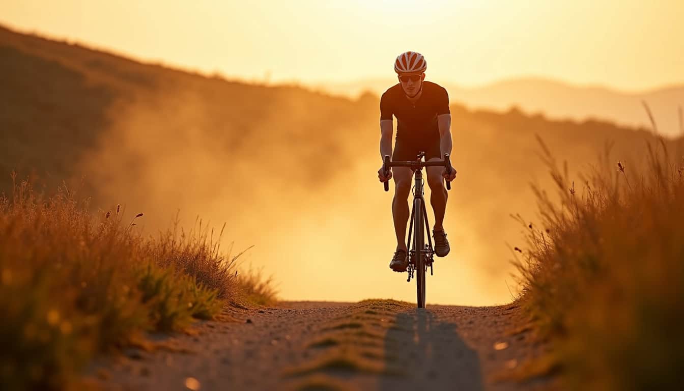 Cycliste en tenue de cyclosportive sur un chemin de gravel lors d