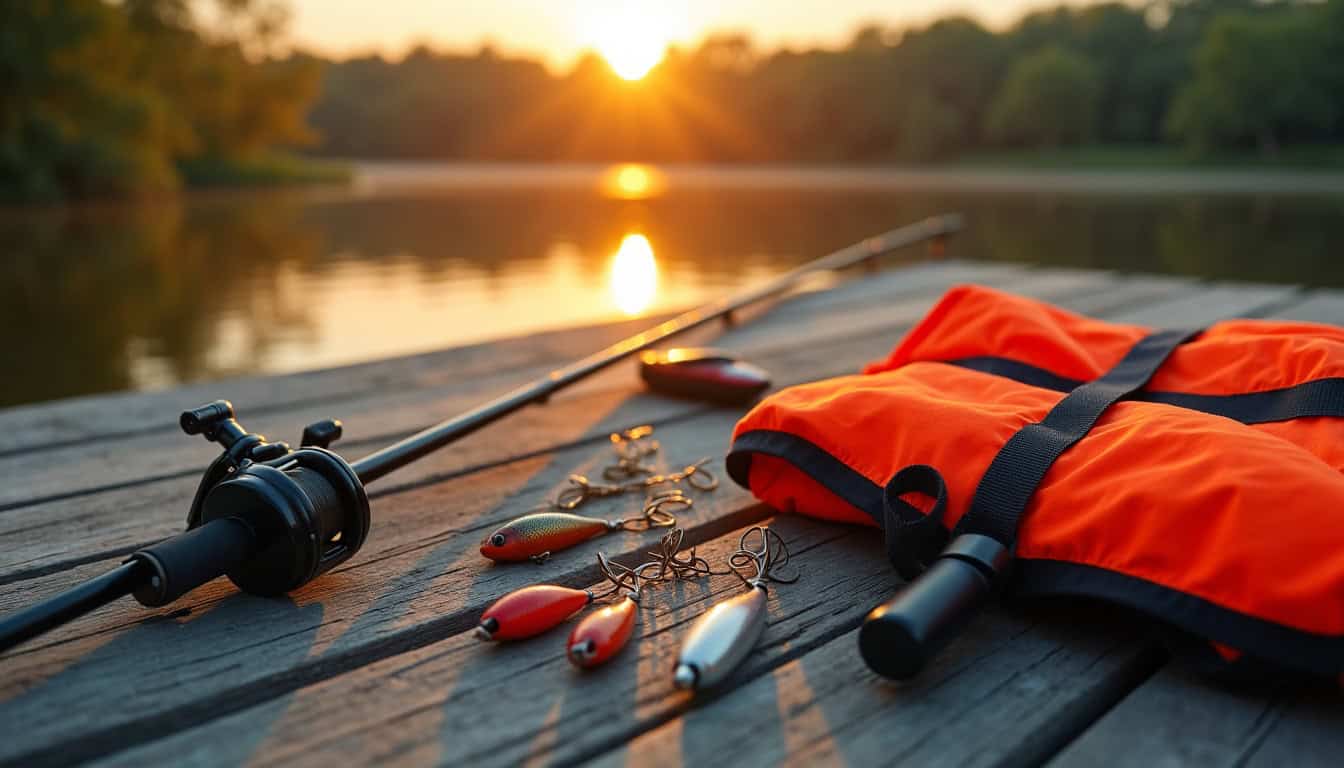 Équipement de pêche complet posé sur une table en 2026: canne, moulinet, boîte à leurres, gilet de sécurité