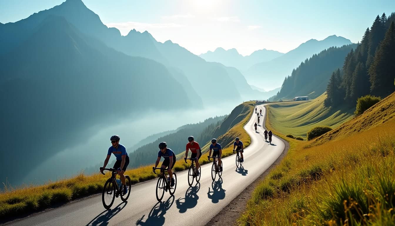 Groupe de cyclistes internationaux participant à une cyclosportive en montagne