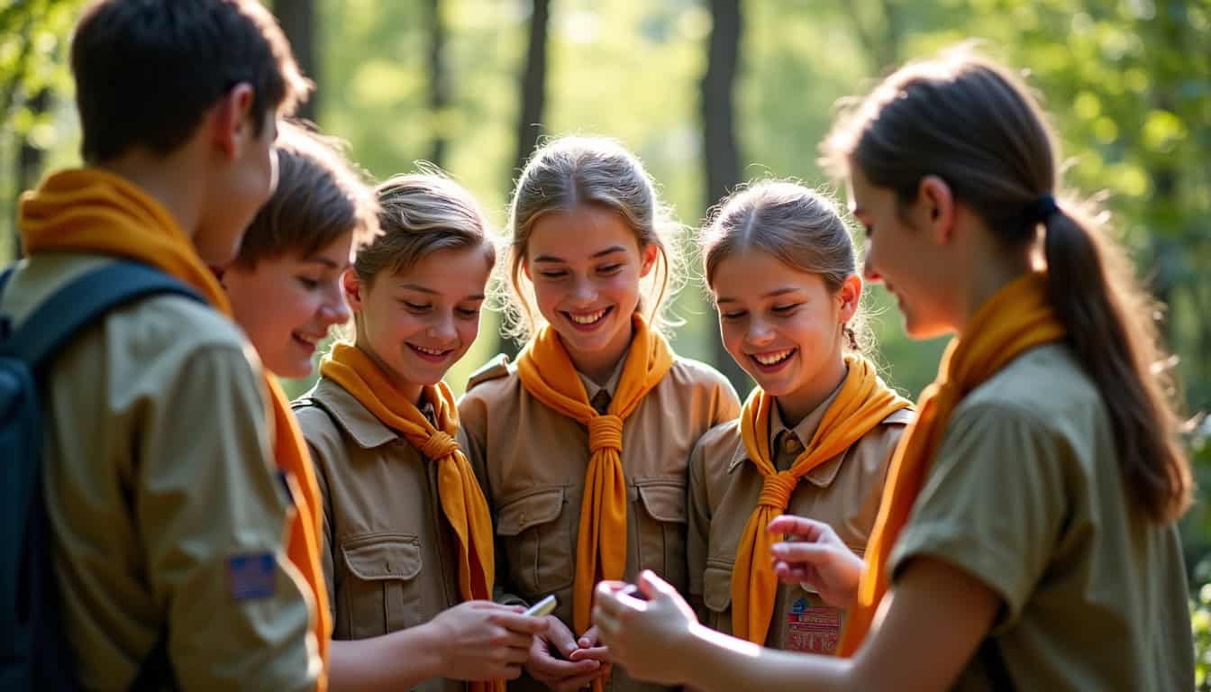Groupe de jeunes scouts participant à une activité de plein air, encadrés par un animateur