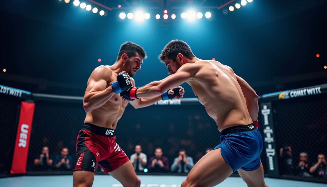 Islam Makhachev affrontant Jack Della Maddalena lors de l