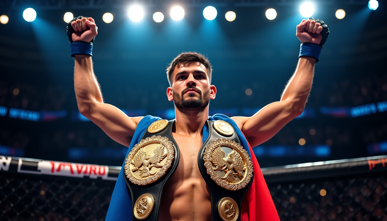Islam Makhachev tenant les deux ceintures UFC, poids légers et poids mi-moyens