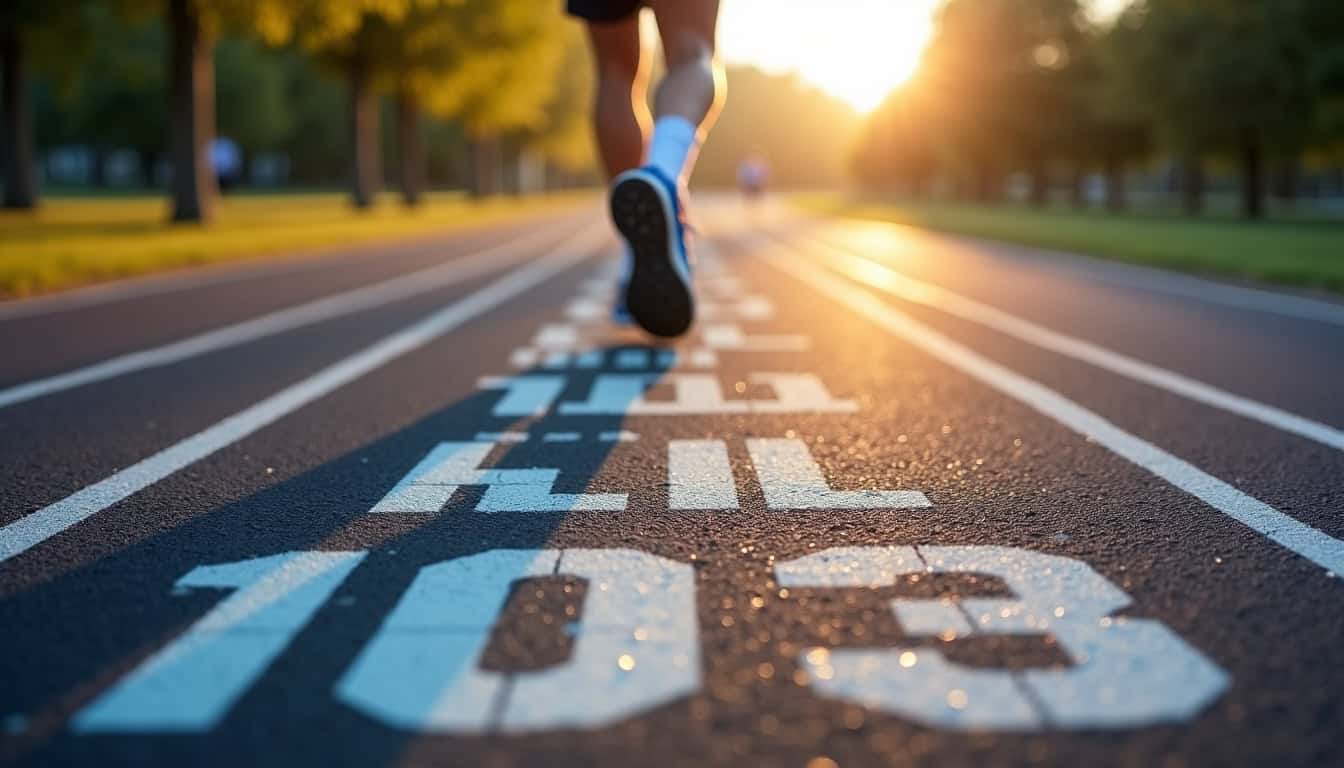 Parcours de course marqué au sol avec distances et temps de passage