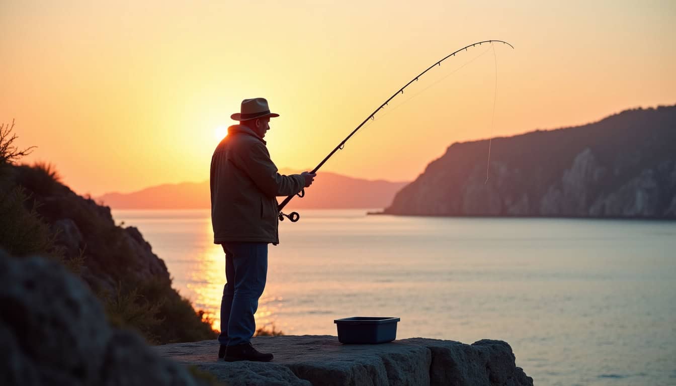 Pêcheur en bord de mer utilisant une canne à pêche en 2026, avec vue sur l