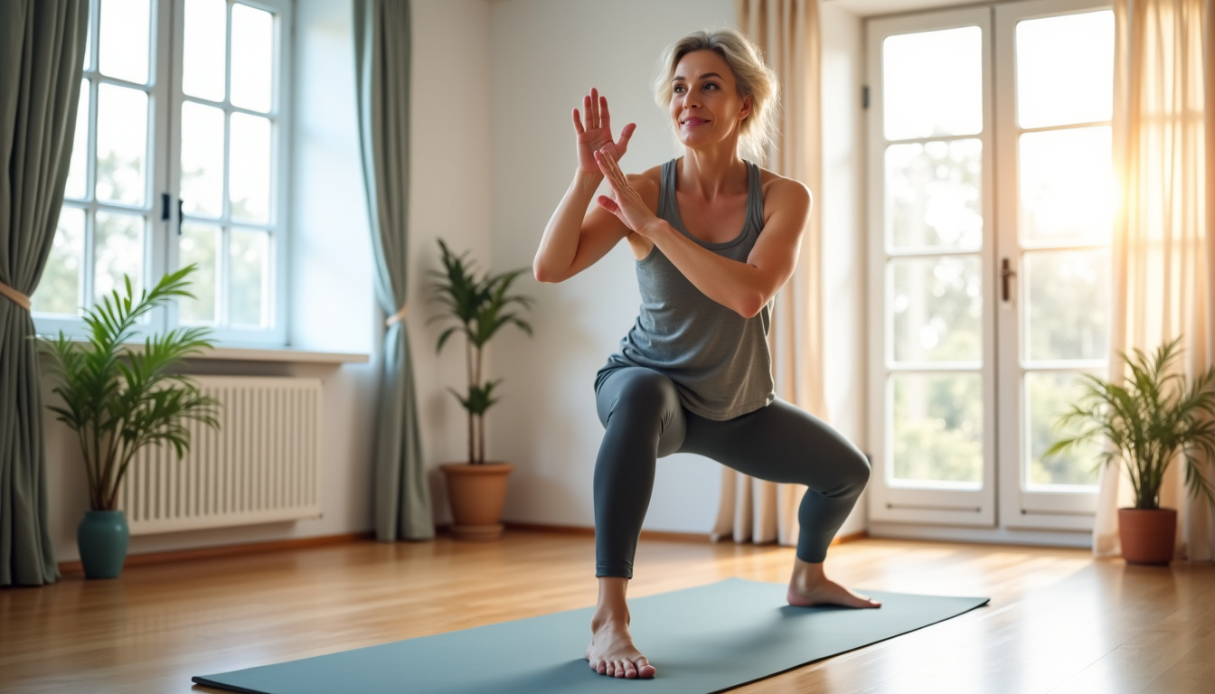 Personne pratiquant des exercices d’aérobique à domicile dans un salon, avec un tapis et des mouvements simples