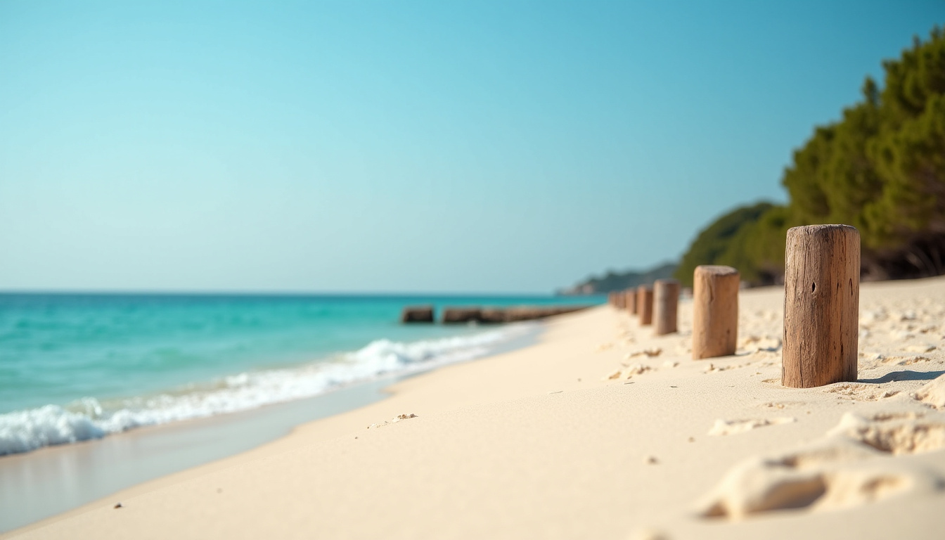 Plage de Pinarellu avec sable blanc fin, eau turquoise claire, pinède en arrière-plan et plusieurs paillotes de plage en bois, décorées de voiles de pêcheur
