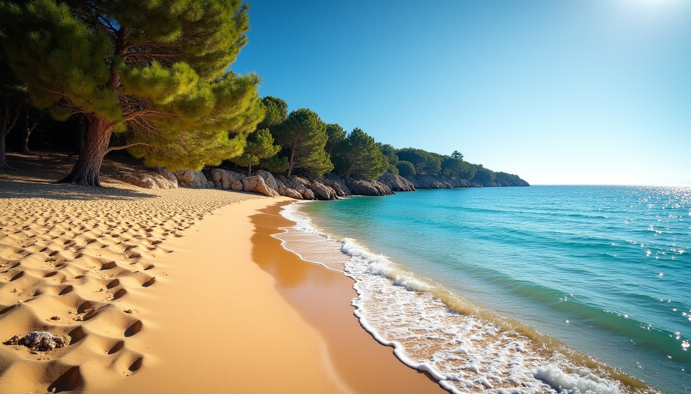 Plage de sable fin à Pinarellu en Corse du Sud, avec eaux turquoises et pinède environnante