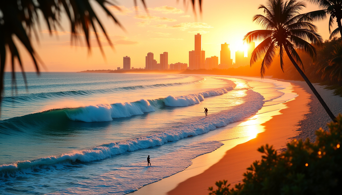 Plage de Surfers Paradise avec surfeurs en action sur des vagues bleues