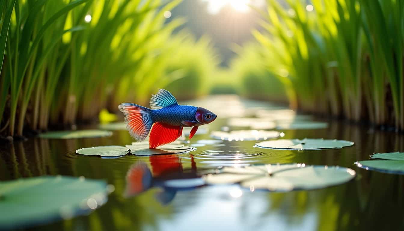 Poisson combattant dans son habitat naturel en Thaïlande, entouré de végétation aquatique et d