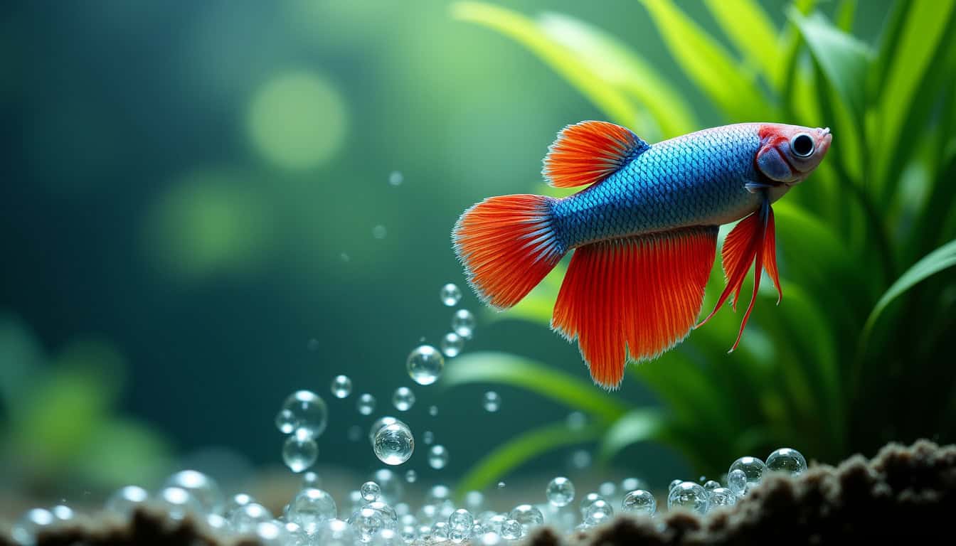 Poisson combattant mâle dans son nid de bulles avec des œufs visibles à la surface de l