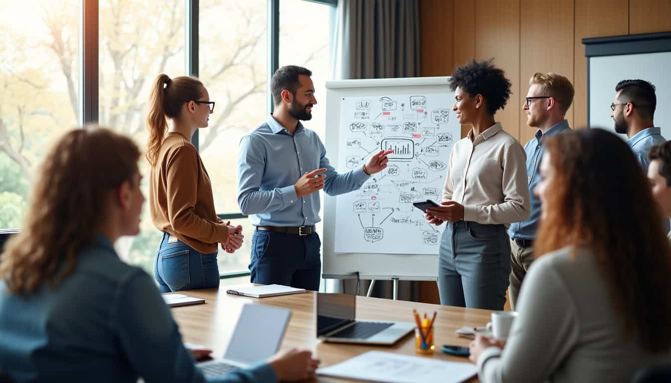 Réunion d’équipe autour d’un tableau blanc, en train d’analyser des tendances technologiques pour du scouting d’innovation