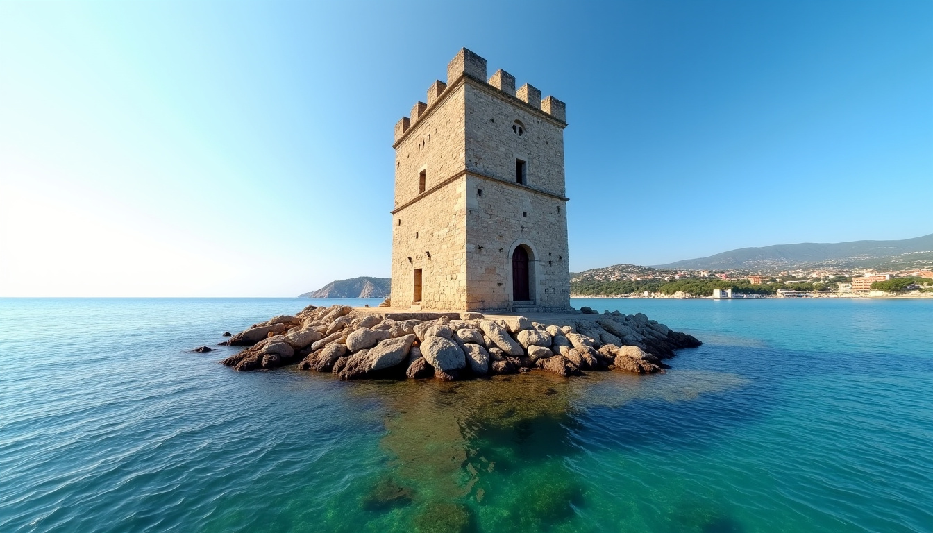 Tour génoise carrée de Pinarellu, située sur une petite île face au village, avec fond marin en arrière-plan