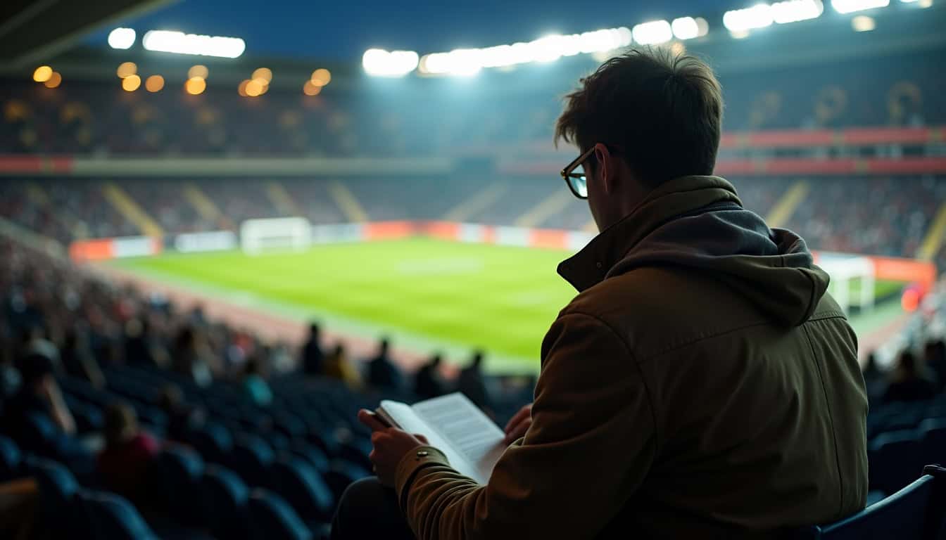 Un scout observant un match de football depuis les tribunes, prenant des notes sur un carnet