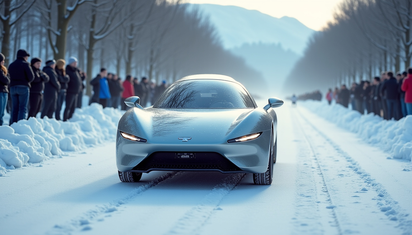 Voiture électrique du Trophée Andros en pleine course sur glace, avec des effets de neige et des spectateurs en arrière-plan