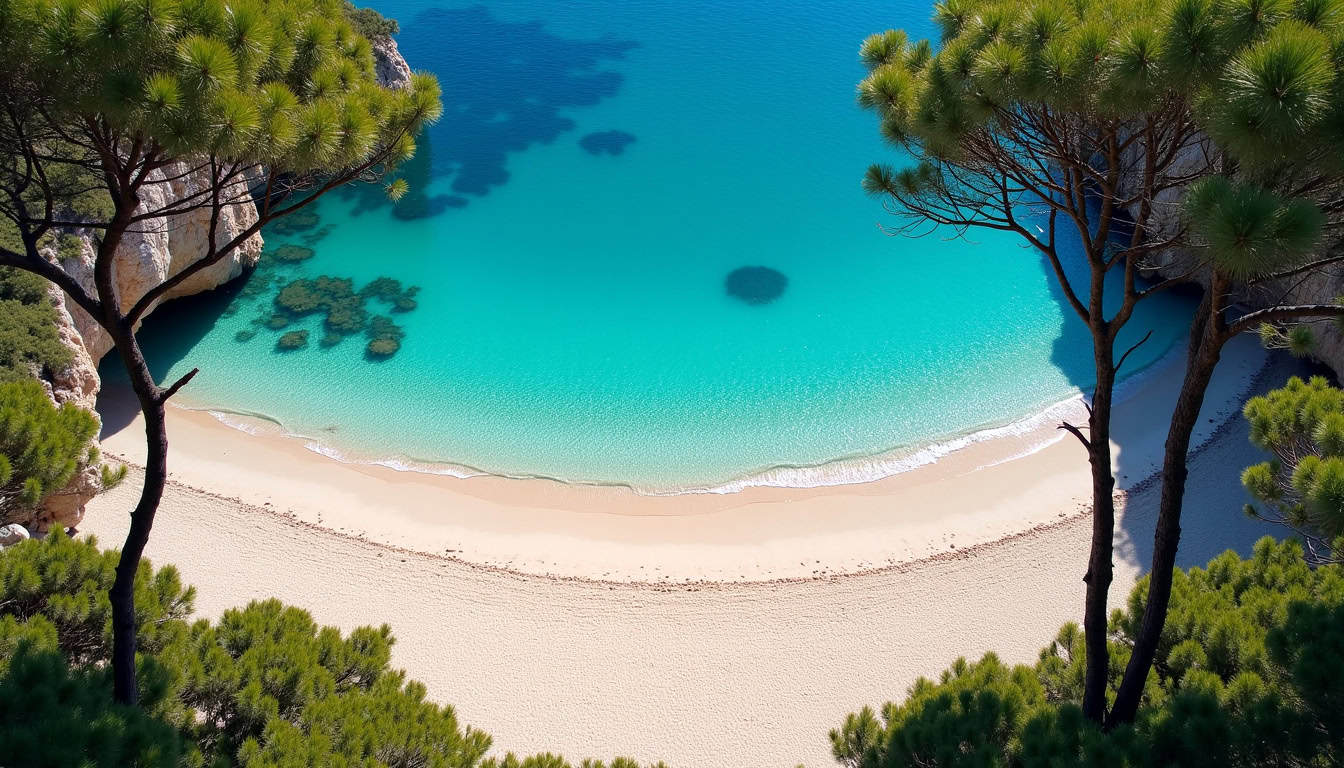 Vue aérienne de la plage de Pinarellu bordée de pins et de sable blanc
