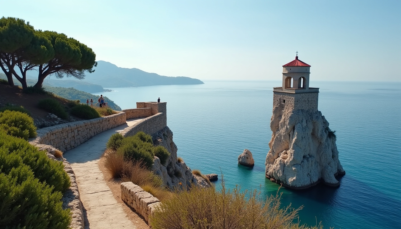 Vue de la tour génoise de Pinarellu dominant la baie, avec la pinède en arrière-plan et les rochers de l
