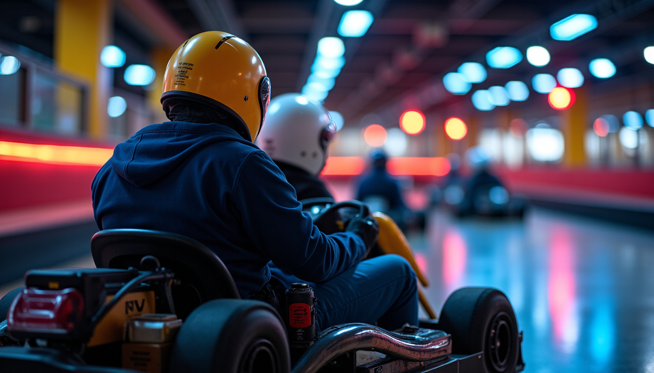 Vue sur une session de karting intérieur avec casques et combinaisons