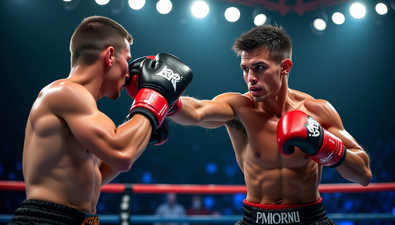 Cédric Doumbè en pleine action durant un combat de kick-boxing, mettant en avant sa technique de frappe