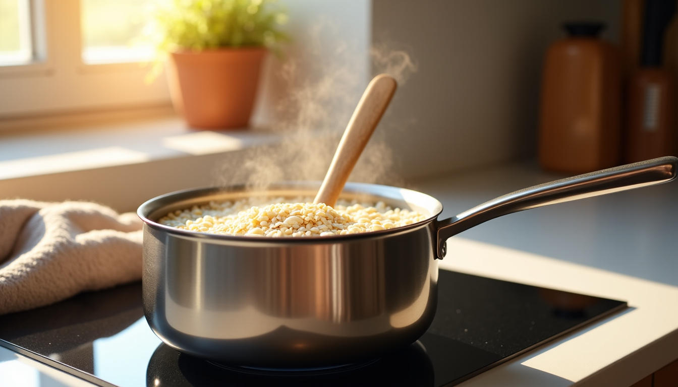 Cuisson du porridge dans une casserole sur feu doux