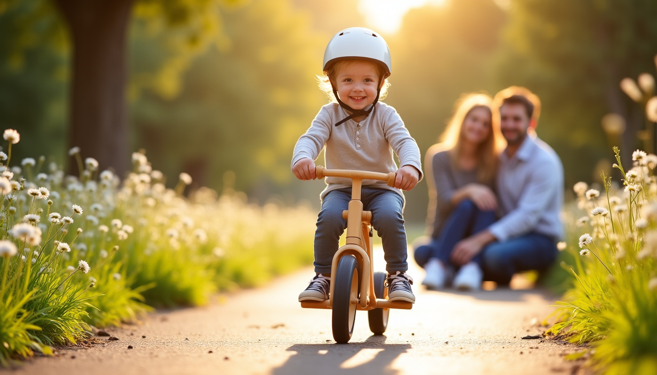 Enfant de 2 ans faisant ses premiers pas sur une draisienne avec l