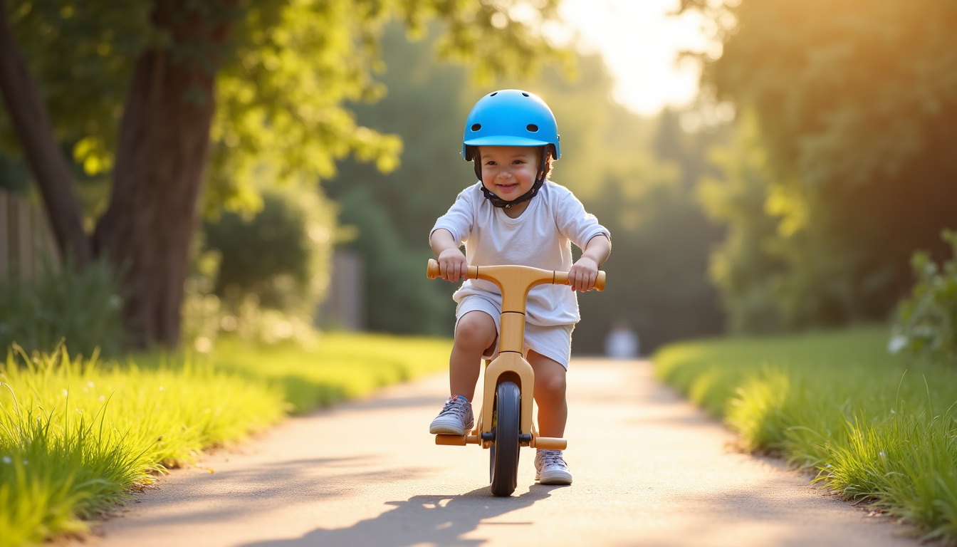 Enfant de 2 ans portant un casque et utilisant une draisienne en toute sécurité