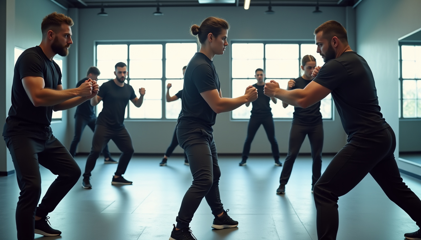 Groupe de pratiquants en entraînement de krav maga, illustrant l