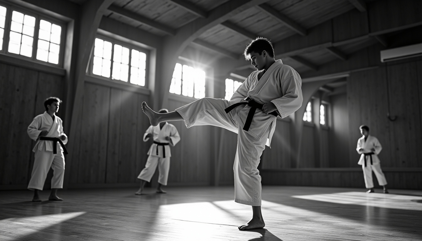 Jérôme Le Banner jeune en entraînement de karaté dans une salle de sport
