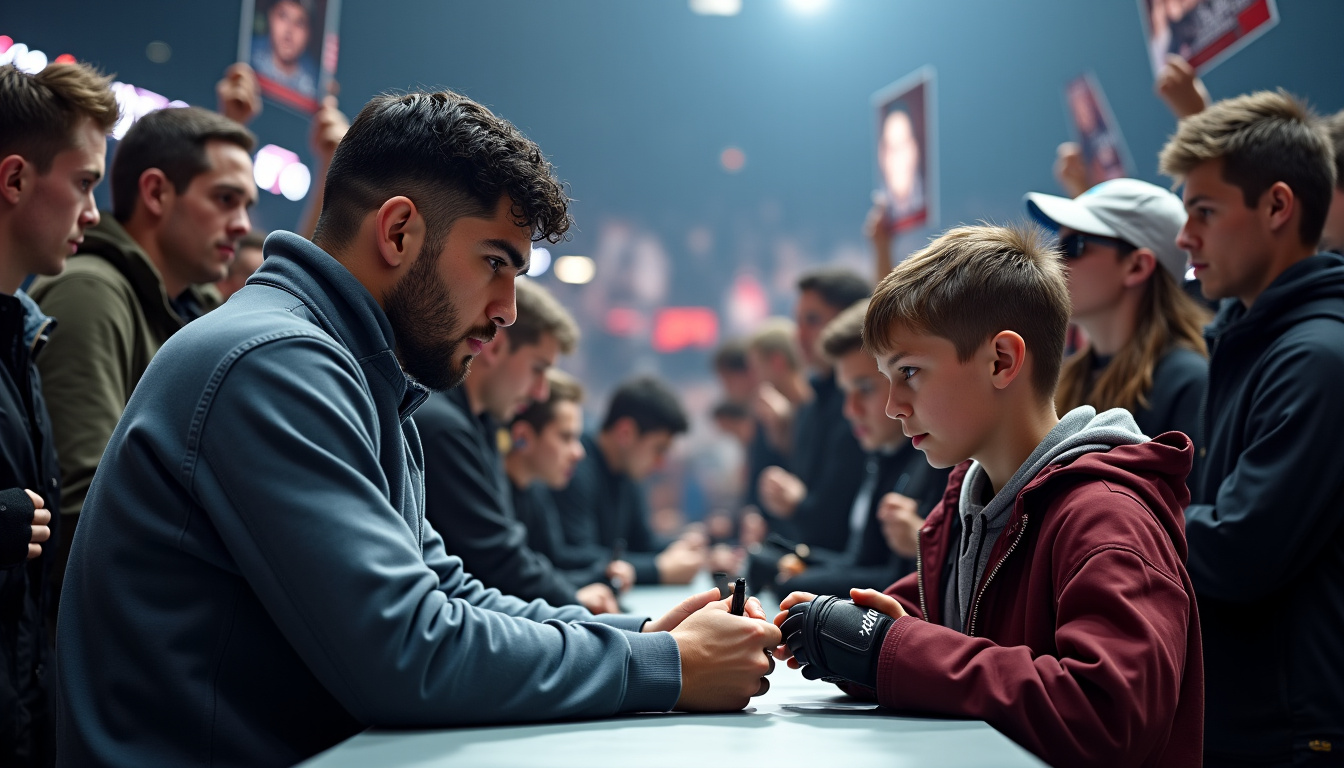 Khabib Nurmagomedov en train de signer des autographes pour des fans dans un stade