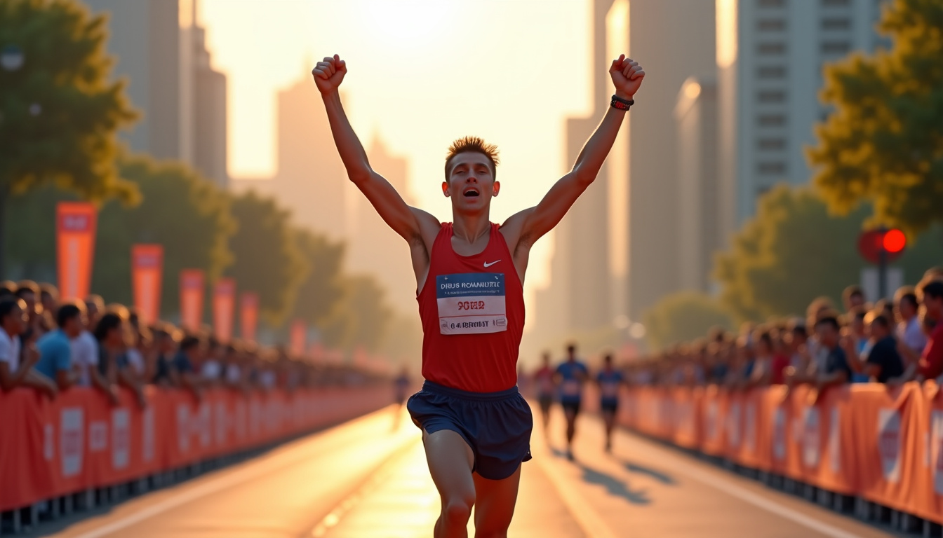 Coureur homme franchissant la ligne d’arrivée d’un marathon en 2026