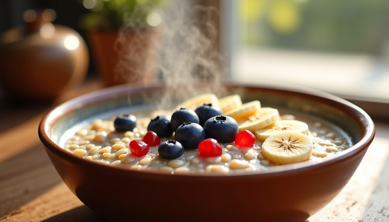 Porridge garni dans un bol en céramique avec fruits et graines