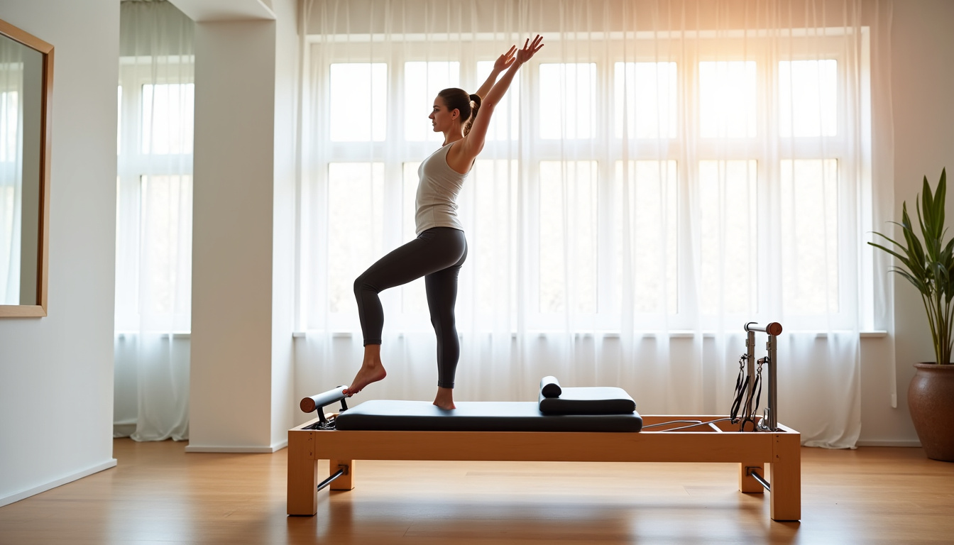 Pratiquante effectuant un exercice debout sur machine Reformer