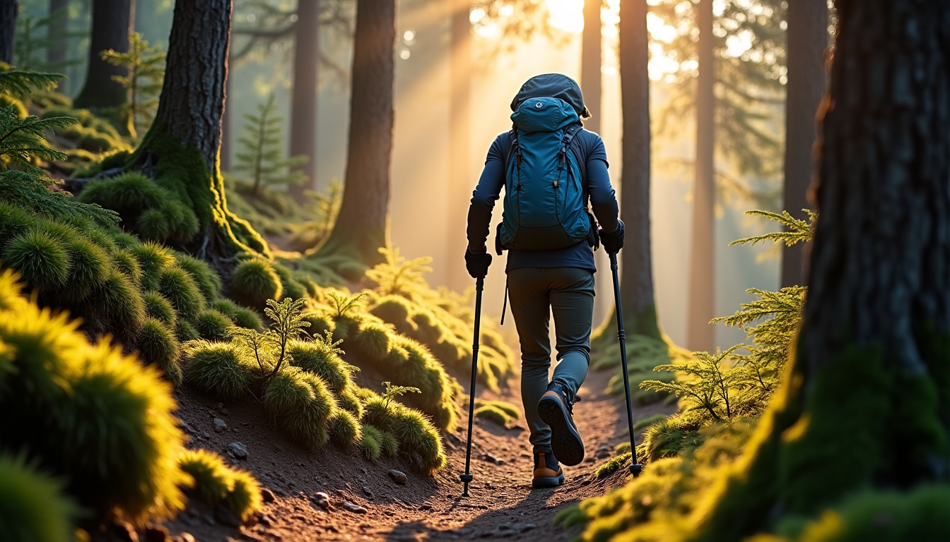Randonneur utilisant correctement ses bâtons de marche sur un sentier en pente