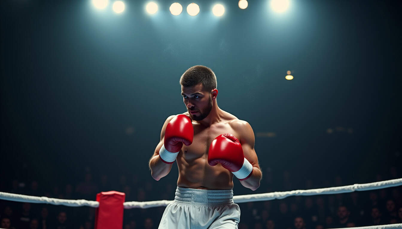 Un boxeur en pleine action sur un ring, enchaînant des coups rapides sous les projecteurs
