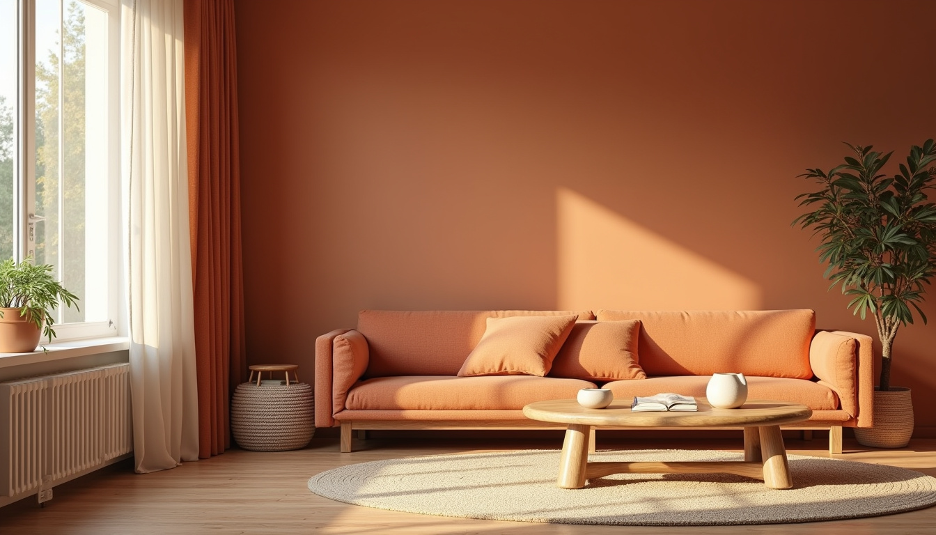 Appartement décoré avec des tons cannelle sur les murs et les textiles