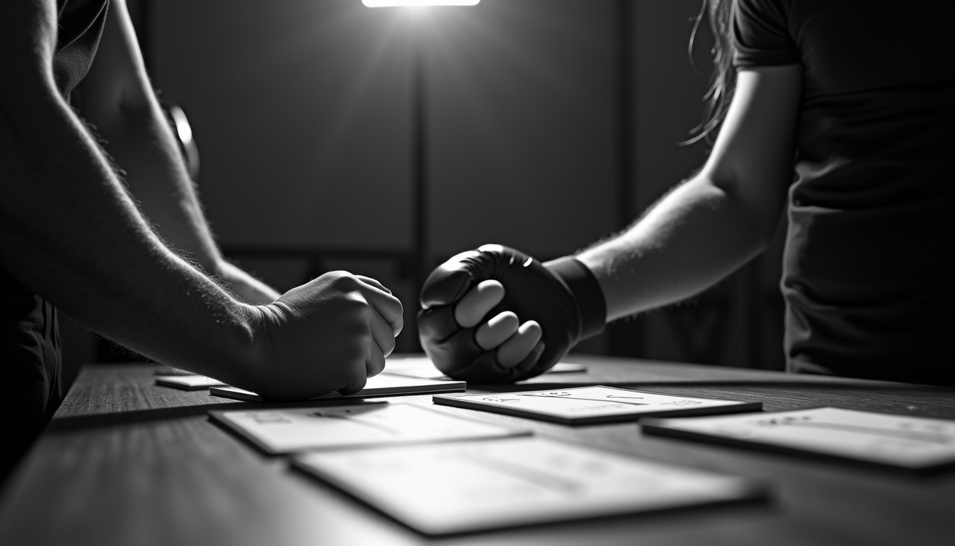 Cartes de combats étalées sur une table avec des gants de MMA posés dessus