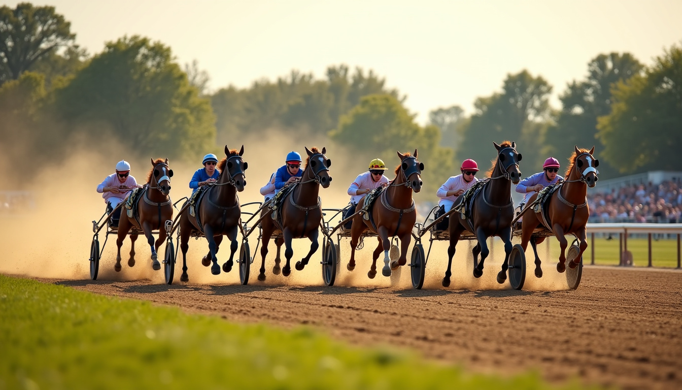 Course de trot attelé à Vincennes, chevaux en pleine course sur la grande piste