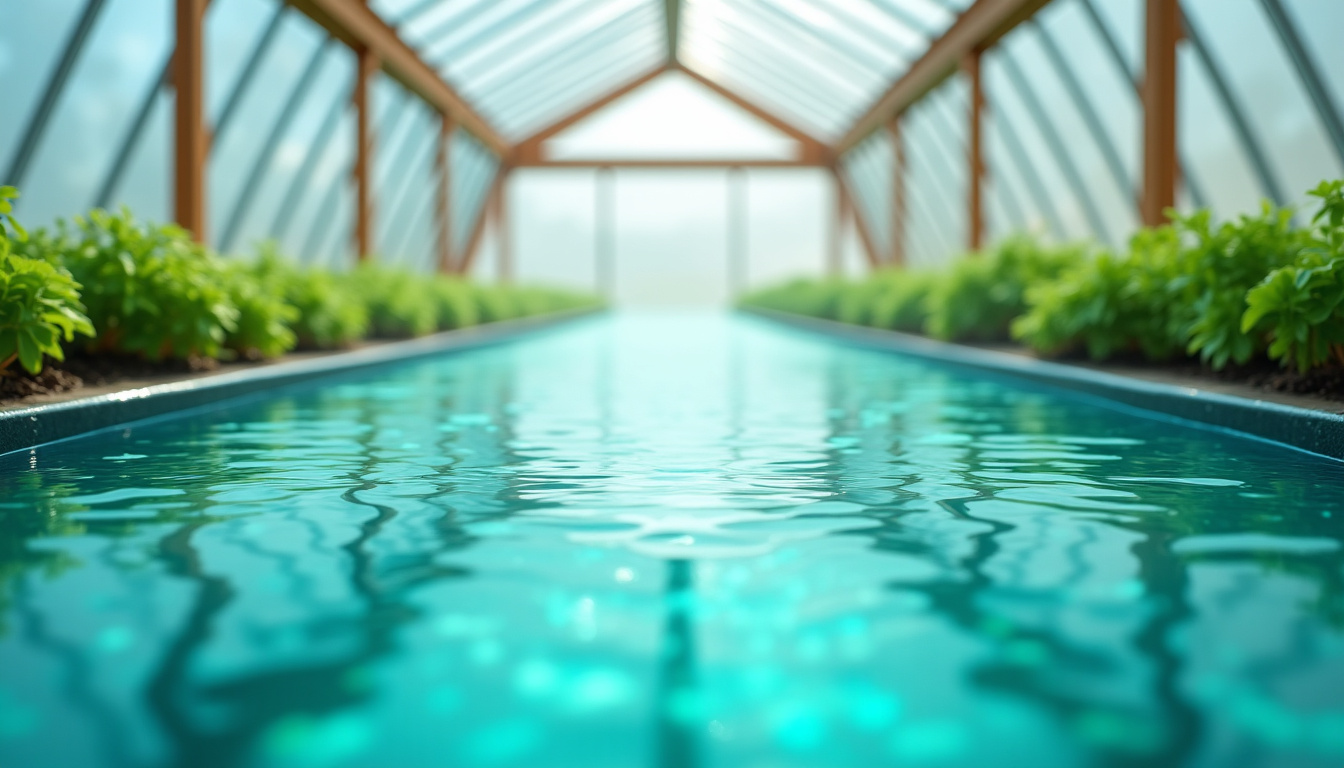 Culture de spiruline en bassin sous serre, montrant un procédé de production durable et contrôlé