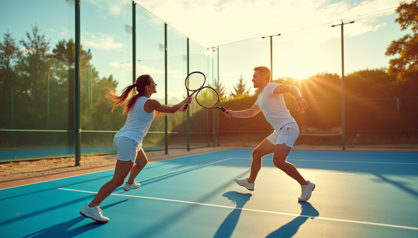 Deux couples de joueurs s’affrontent sur un terrain de padel, en pleine action