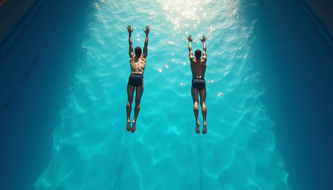 Deux plongeurs effectuant un saut synchronisé depuis un tremplin de 3 mètres