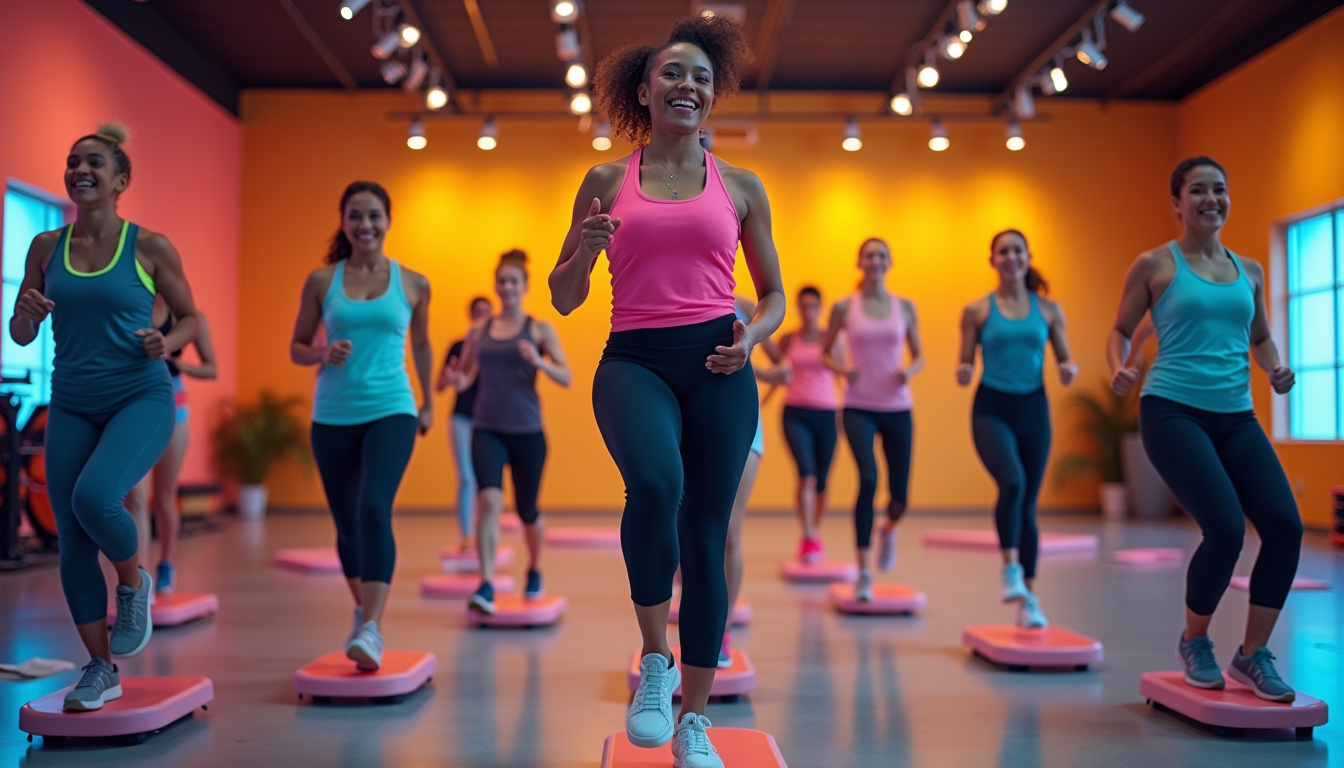 Groupe de pratiquants en cours de step collectif dans une salle de sport, encadrés par un coach
