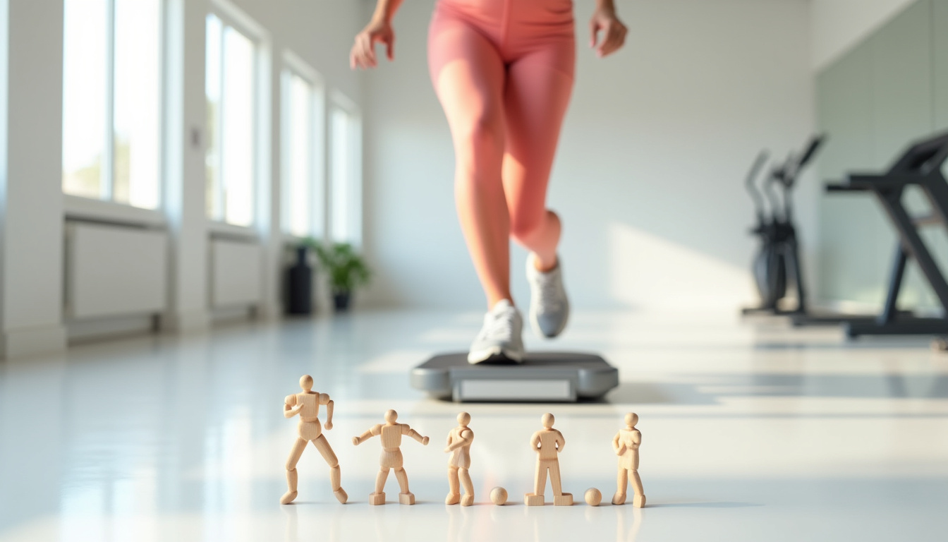 Illustration des pas de base en step: basic step, tap up, V step et turn step