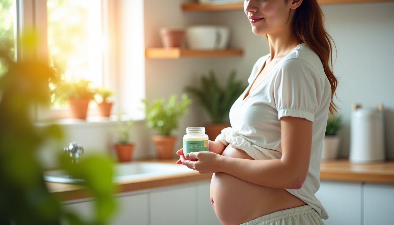 Illustration montrant une femme enceinte tenant un petit pot de spiruline, symbole de complémentation naturelle contre l’anémie