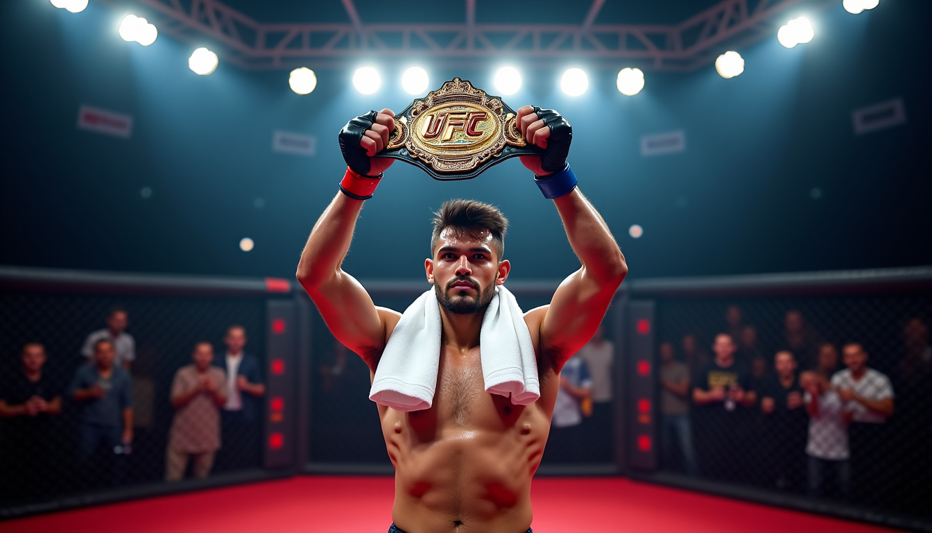Khamzat Chimaev soulevant la ceinture UFC après sa victoire contre Dricus du Plessis